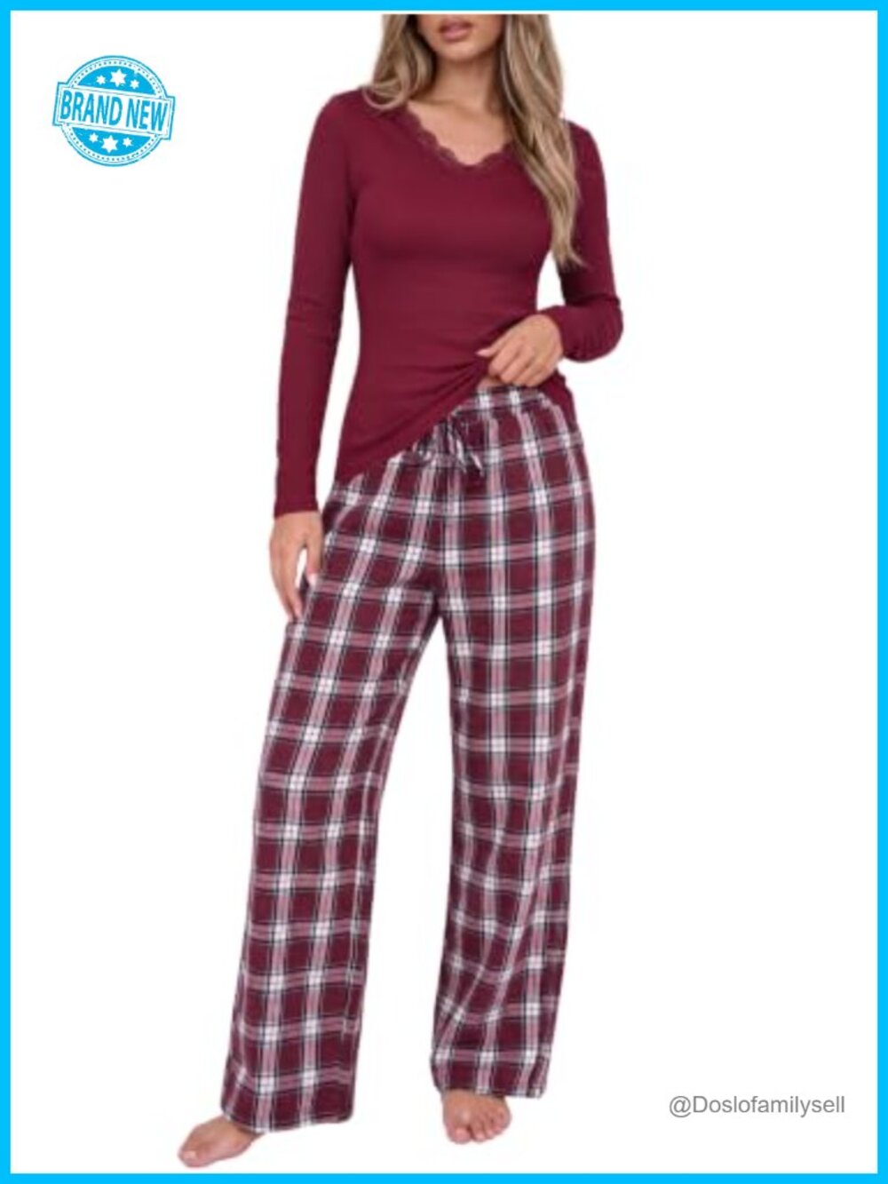 Women 2 Piece Lounge Pajama Set Long Sleeve V-Neck Drawstring Plaid Pants